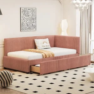 Letto imbottito 90 x 200 cm, divano letto, con 2 cassetti e testiera morbida, tessuto velluto, rosa (senza materasso) Merax