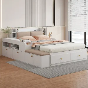 Letto combinato legno massello - 140x200 cm - Testiera con contenitore - con cassetti, comodino, panca divano