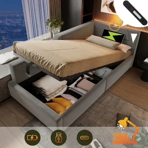 Letto contenitore 90 x 190 cm, divano letto con lampada da lettura e presa USB-C - Velluto - Grigio (senza materasso) Merax
