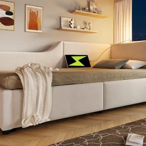 Letto contenitore 90x190 cm - Divano letto velluto - con luce di lettura e prese di ricarica - con rete doghe - Beige Mode...