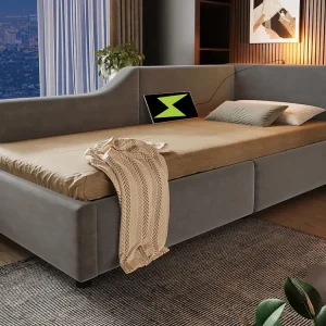 Letto contenitore 90x190 cm - Divano letto velluto - con luce di lettura e prese di ricarica - con rete doghe - Grigio Mod...