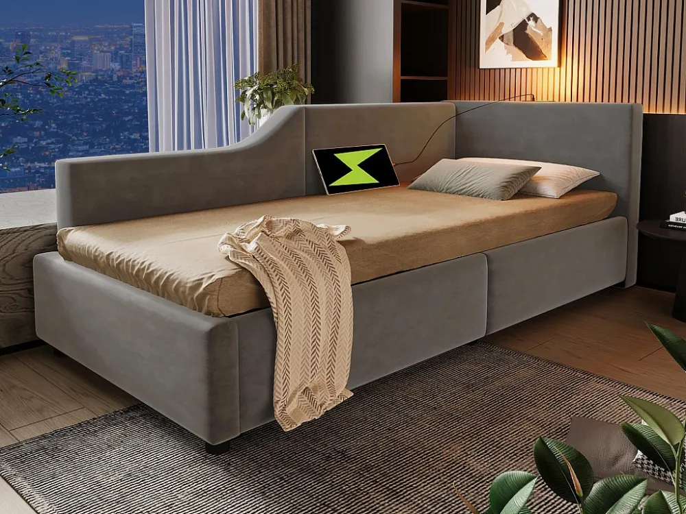Letto contenitore 90x190 cm - Divano letto velluto - con luce di lettura e prese di ricarica - con rete doghe - Grigio Mod...
