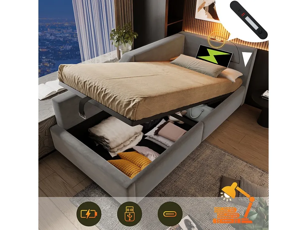 Letto contenitore 90x190 cm - Divano letto velluto - con luce di lettura e prese di ricarica - con rete doghe - Grigio Mod...