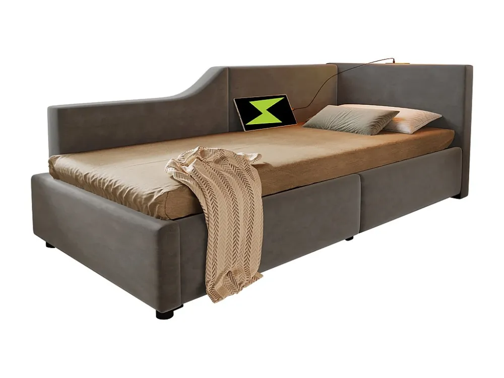 Letto contenitore 90x190 cm - Divano letto velluto - con luce di lettura e prese di ricarica - con rete doghe - Grigio Mod...