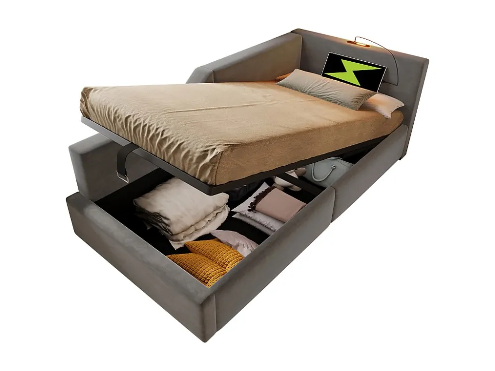 Letto contenitore 90x190 cm - Divano letto velluto - con luce di lettura e prese di ricarica - con rete doghe - Grigio Mod...