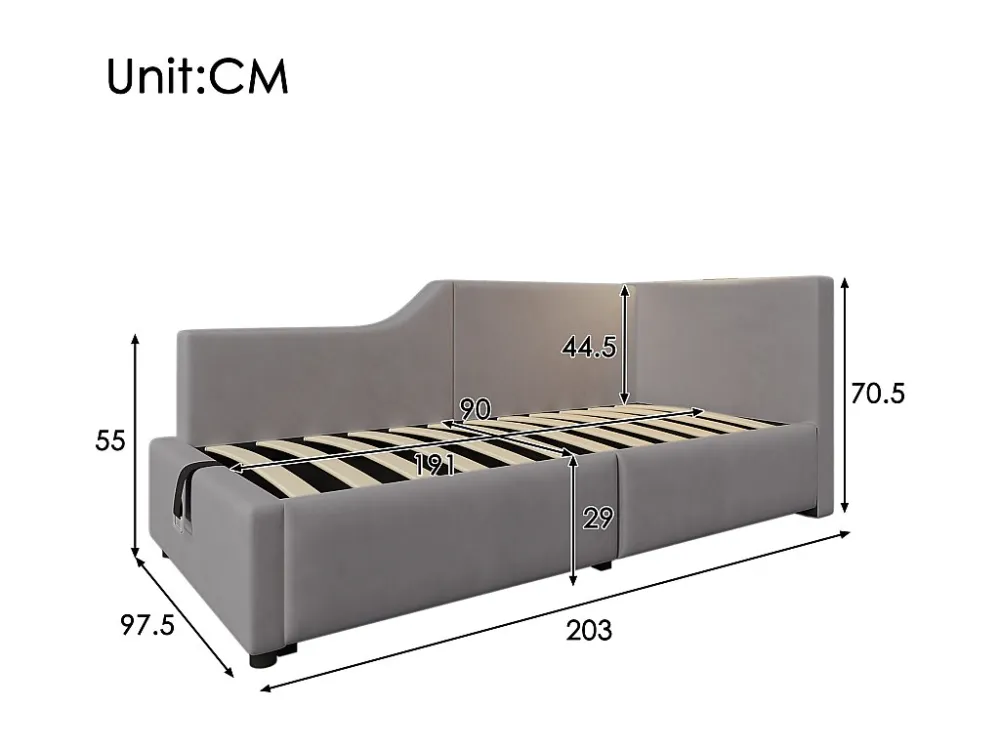 Letto contenitore 90x190 cm - Divano letto velluto - con luce di lettura e prese di ricarica - con rete doghe - Grigio Mod...