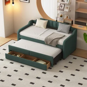 Letto estraibile 90x200+90x190cm, letto per bambini imbottito con ruote su ruote, cassetti, divano letto, verde