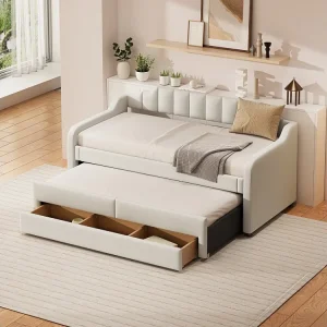 Letto estraibile 90 x 200 cm + 90 x 190 cm con 3 cassetti, divano letto - tessuto cotone lino - colore beige Merax