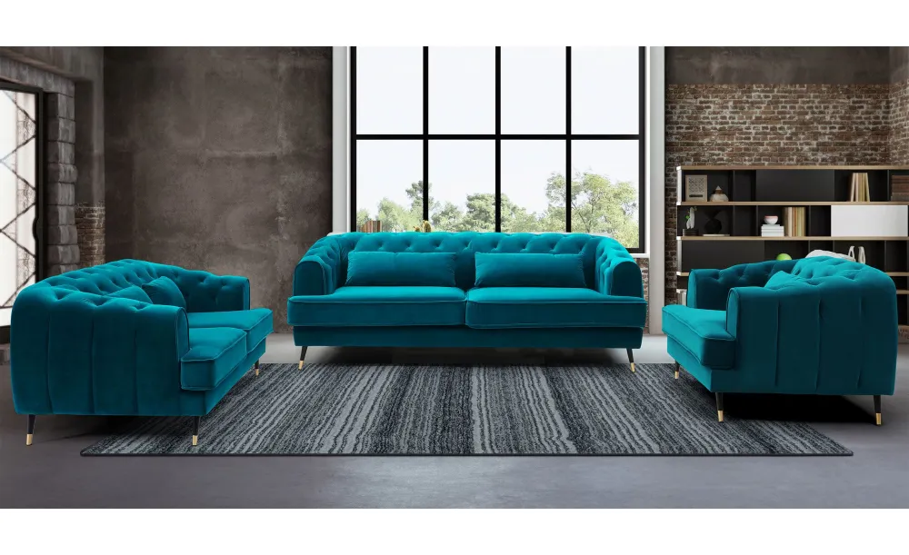 Certificato DIN Divano imbottito 2 posti stile boudoir Glams Vellutato Blue Duck