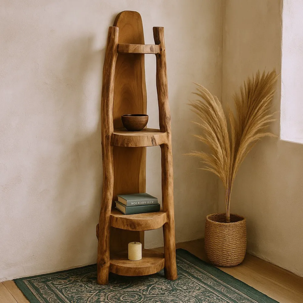 Mensola ad angolo teak naturale 90cm, 3 ripiani