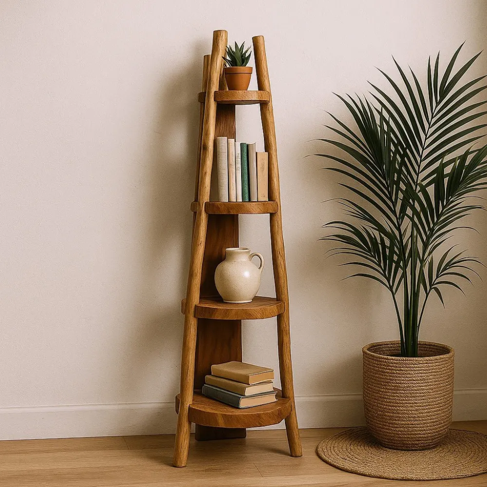 Scaffale Angolare Teak Naturale 4 Ripiani 135cm