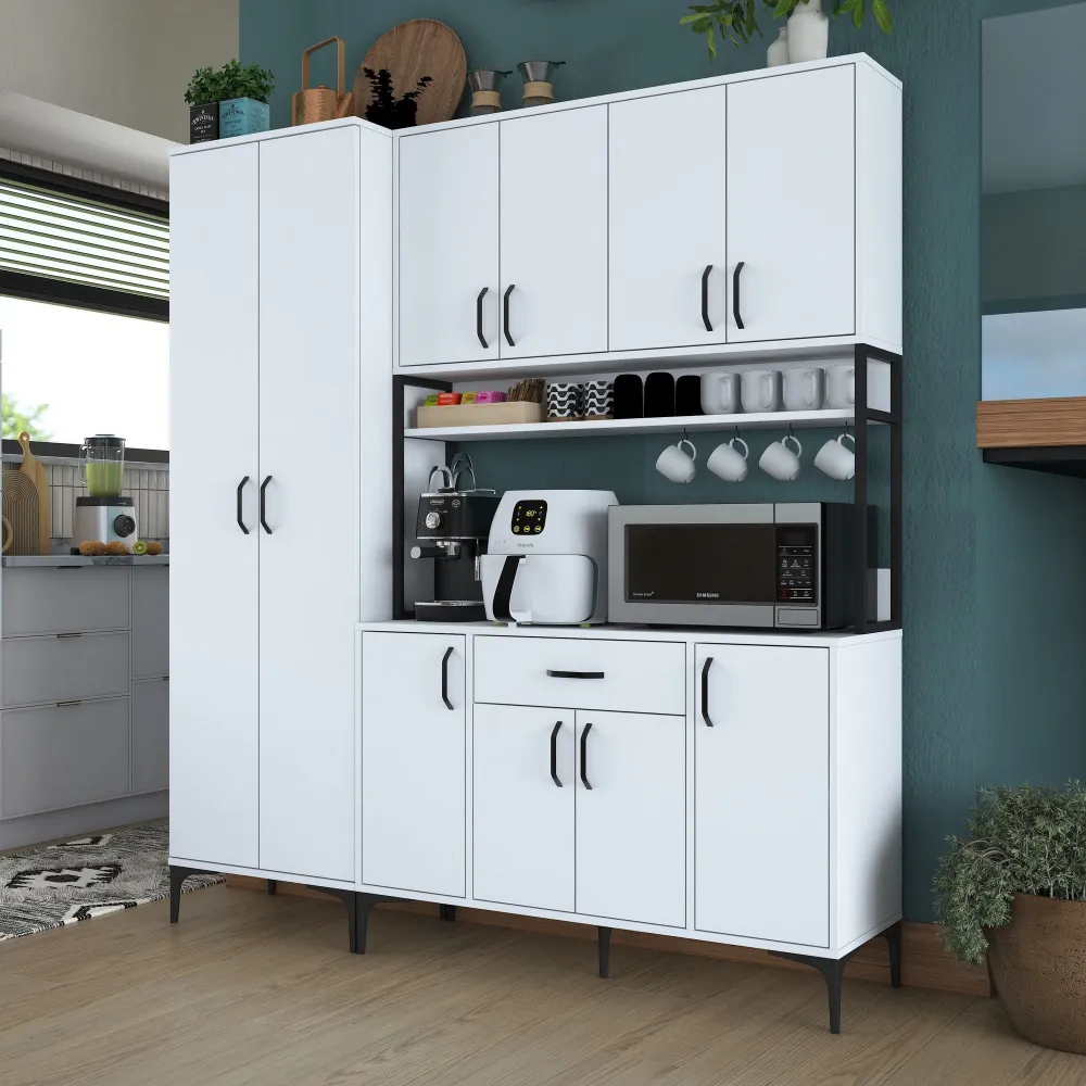 Ariane L180cm Cassettiera da cucina bianca 10 ante con ripiani e cassetti
