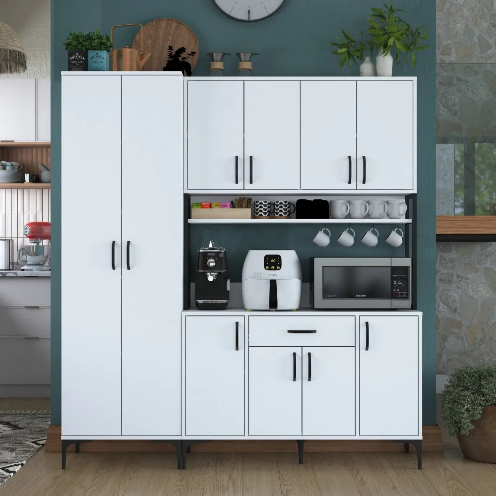 Ariane L180cm Cassettiera da cucina bianca 10 ante con ripiani e cassetti