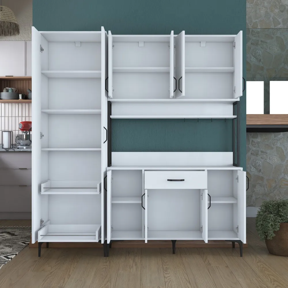 Ariane L180cm Cassettiera da cucina bianca 10 ante con ripiani e cassetti