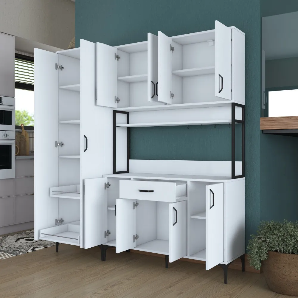 Ariane L180cm Cassettiera da cucina bianca 10 ante con ripiani e cassetti