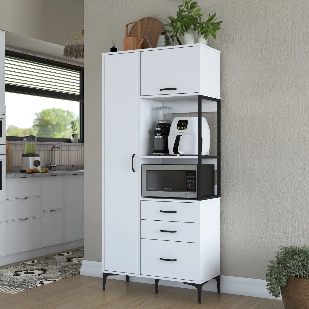 Comò da cucina Ariane 2 ante e 3 cassetti L90cm Bianco