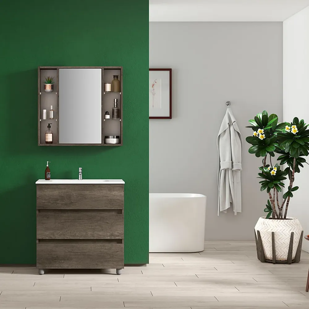 Composizione bagno con lavabo e specchio contenitore modello KoraXL04 80 cm Rovere Scuro