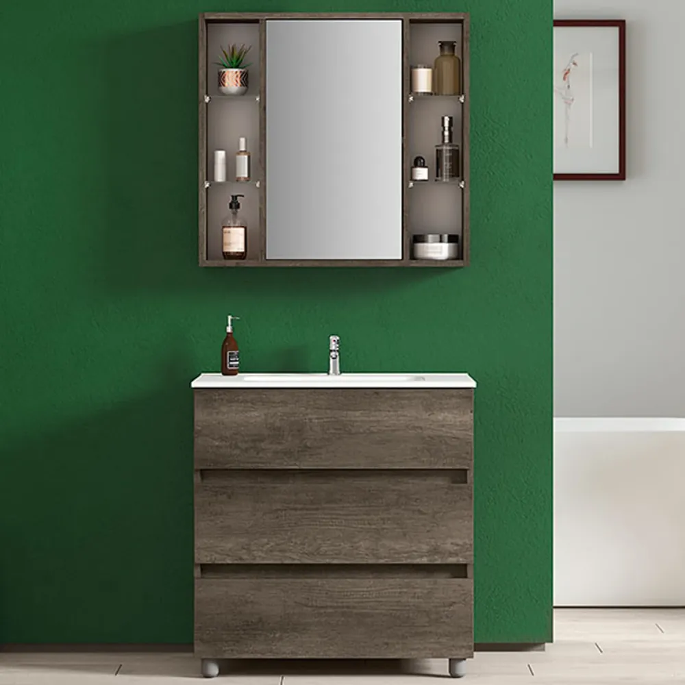Composizione bagno con lavabo e specchio contenitore modello KoraXL04 80 cm Rovere Scuro