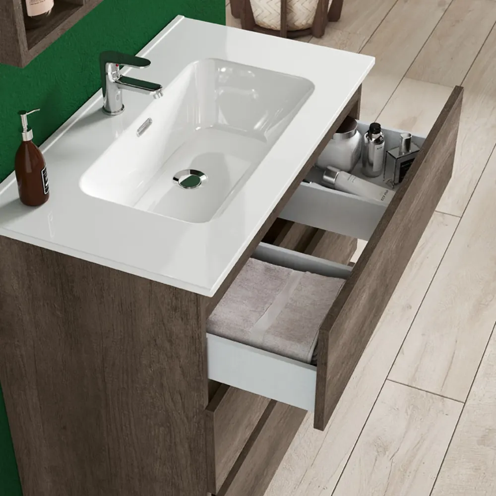 Composizione bagno con lavabo e specchio contenitore modello KoraXL04 80 cm Rovere Scuro