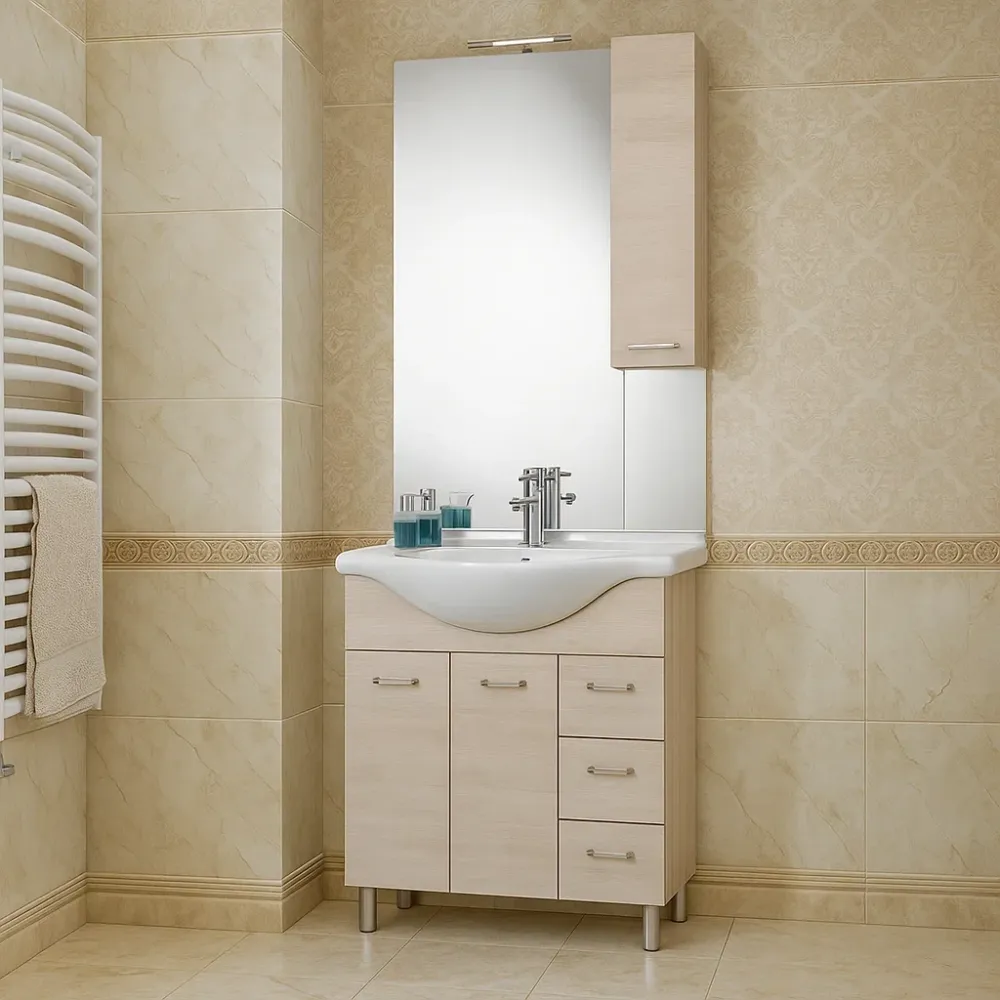Mobile bagno modello Arianna con base 2 ante + Lavabo 75 + Specchiera finitura Olmo Bianco