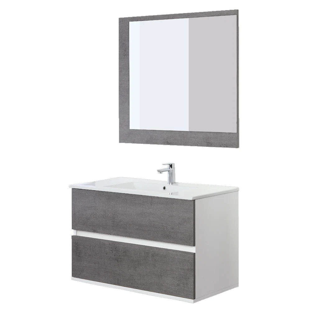 Composizione bagno sospesa Cubi&Co Favola con lavabo e specchio cm 90 - Bianco e Cemento