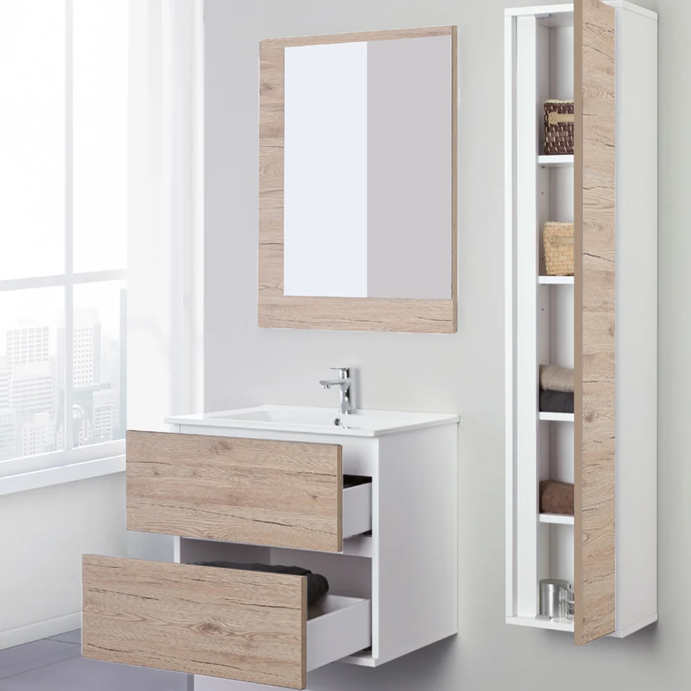 Composizione bagno sospesa Favola con lavabo e specchio cm 60 Bianco-Rovere