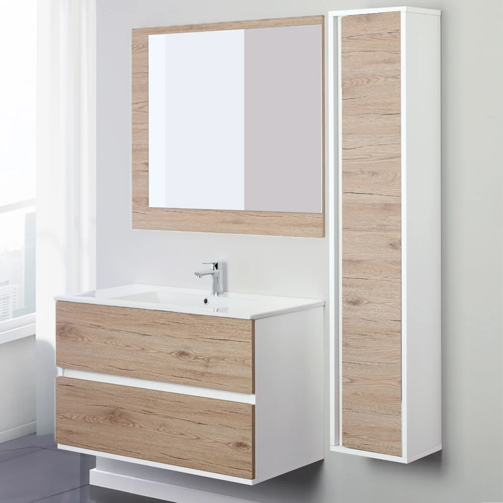 Composizione bagno sospesa Favola con lavabo e specchio cm 90 Bianco-Rovere