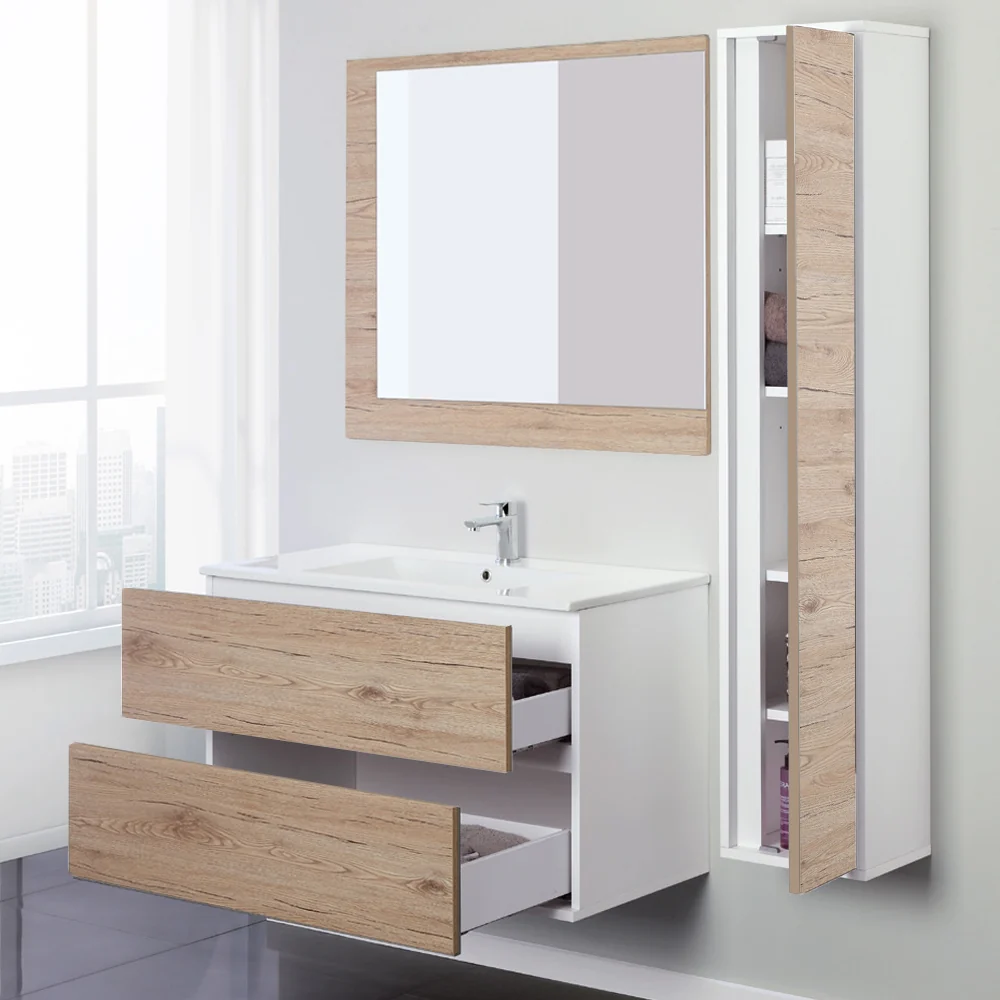 Composizione bagno sospesa Favola con lavabo e specchio cm 90 Bianco-Rovere