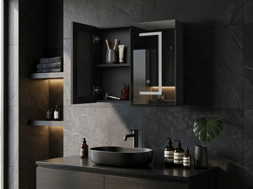 Armadietto da bagno con luci LED nero 60 x 60 cm MAZARREDO