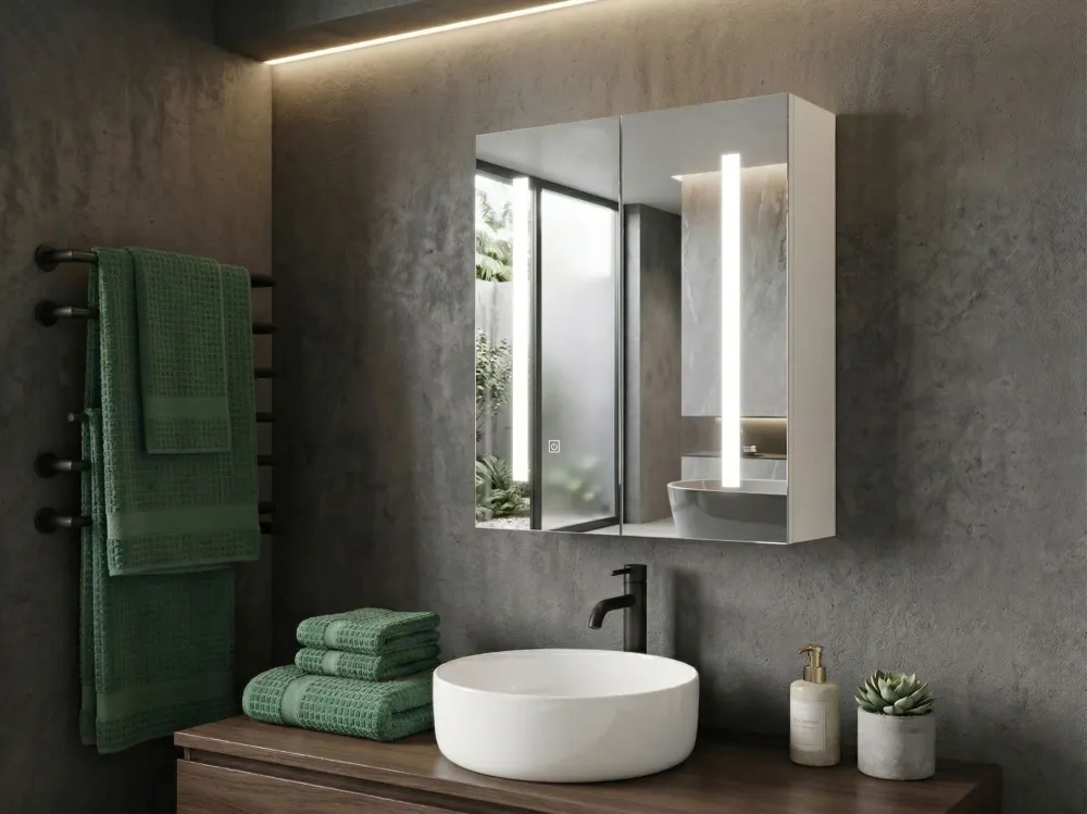 Armadietto da bagno con specchio e luci LED 60 x 60 cm CHABUNCO