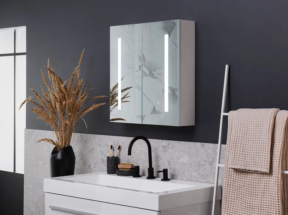 Armadietto da bagno con specchio e luci LED 60 x 60 cm CHABUNCO