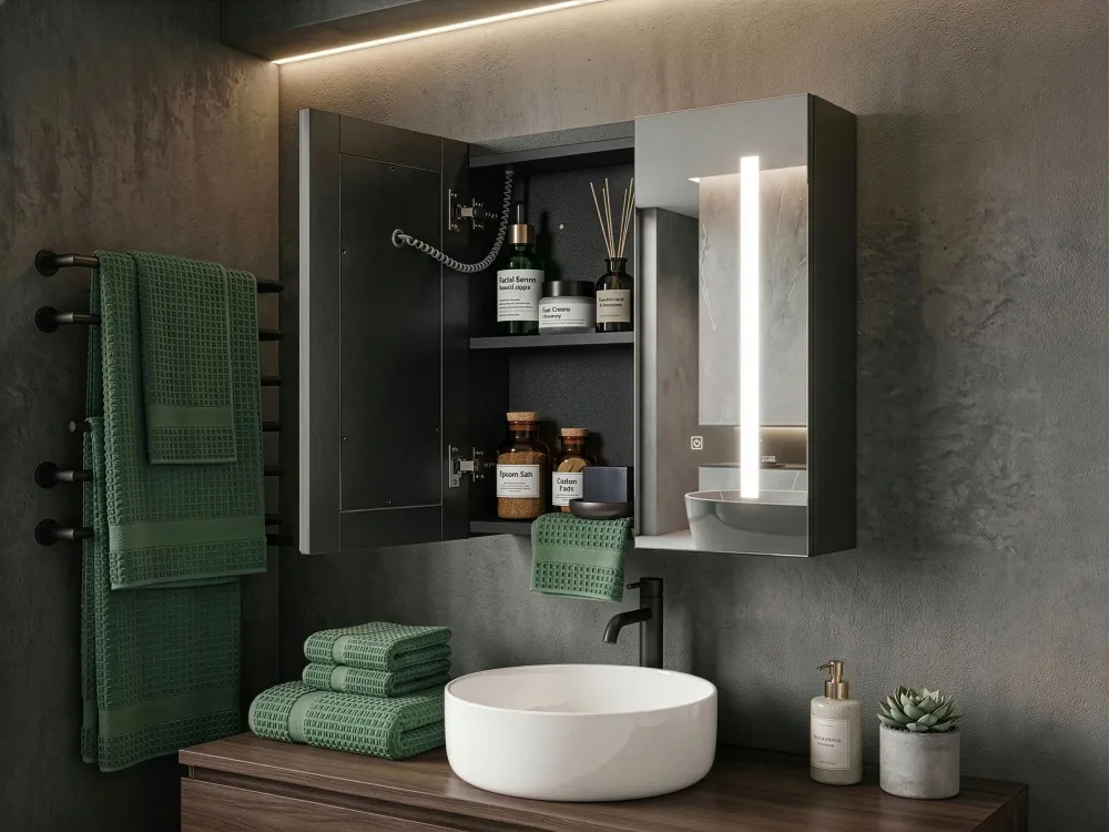 Armadietto da bagno con specchio luci LED nero 60 x 60 cm CHABUNCO