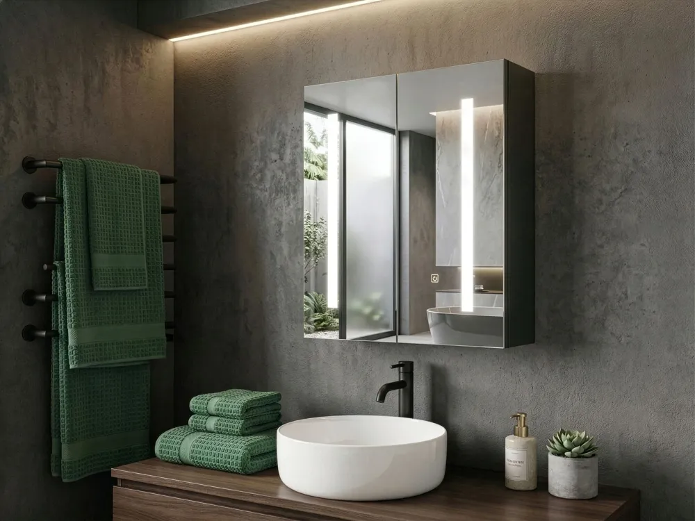 Armadietto da bagno con specchio luci LED nero 60 x 60 cm CHABUNCO