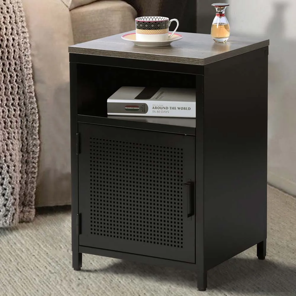Mobiletto Armadietto Comodino Metallo e Legno MDF 2 Ripiani con Anta Nero