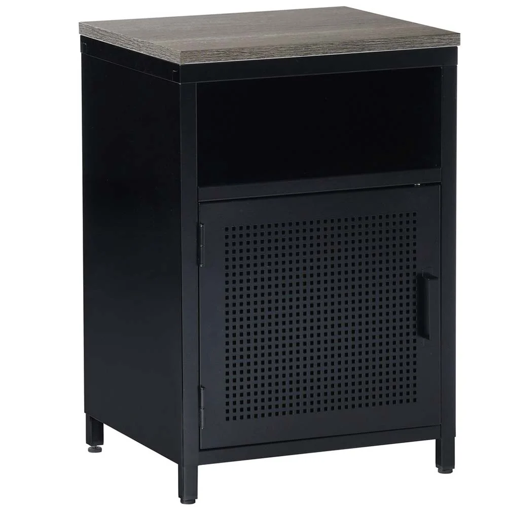Mobiletto Armadietto Comodino Metallo e Legno MDF 2 Ripiani con Anta Nero