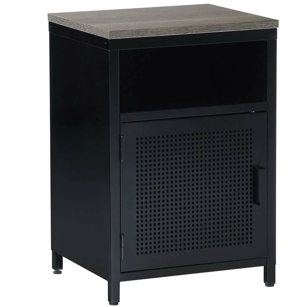 Mobiletto Armadietto Comodino Metallo e Legno MDF 2 Ripiani con Anta Nero