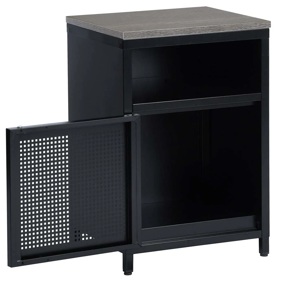 Mobiletto Armadietto Comodino Metallo e Legno MDF 2 Ripiani con Anta Nero