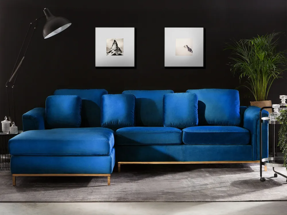 Divano angolare destro tessuto vellutato blu OSLO