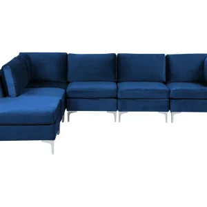 Divano angolare modulare 5 posti velluto blu marino destro con ottomana EVJA