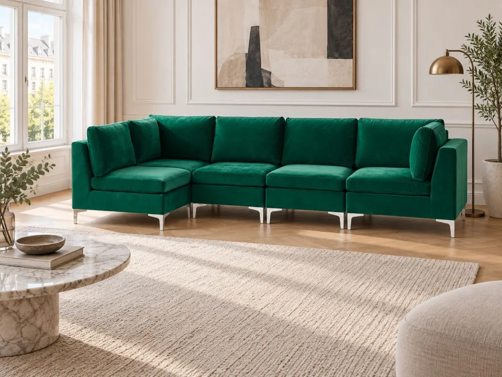 Divano angolare modulare 5 posti velluto verde versione destra EVJA