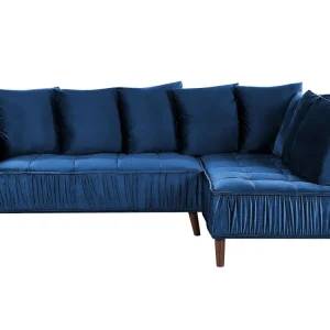 Divano angolare velluto blu marino e legno ombroso sinistro GRENA
