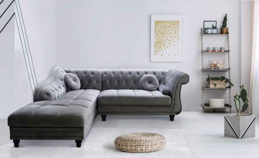 Divano ad angolo Brittish stile Chesterfield velluto argento