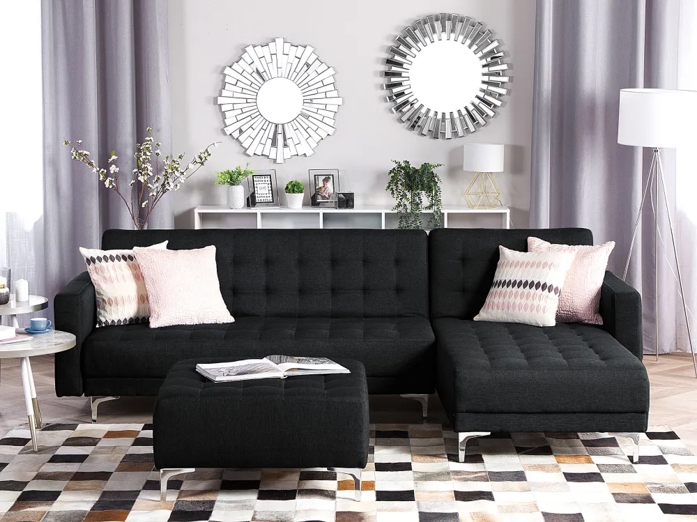 Divano letto angolare con ottomano tessuto grigio grafite sinistro ABERDEEN