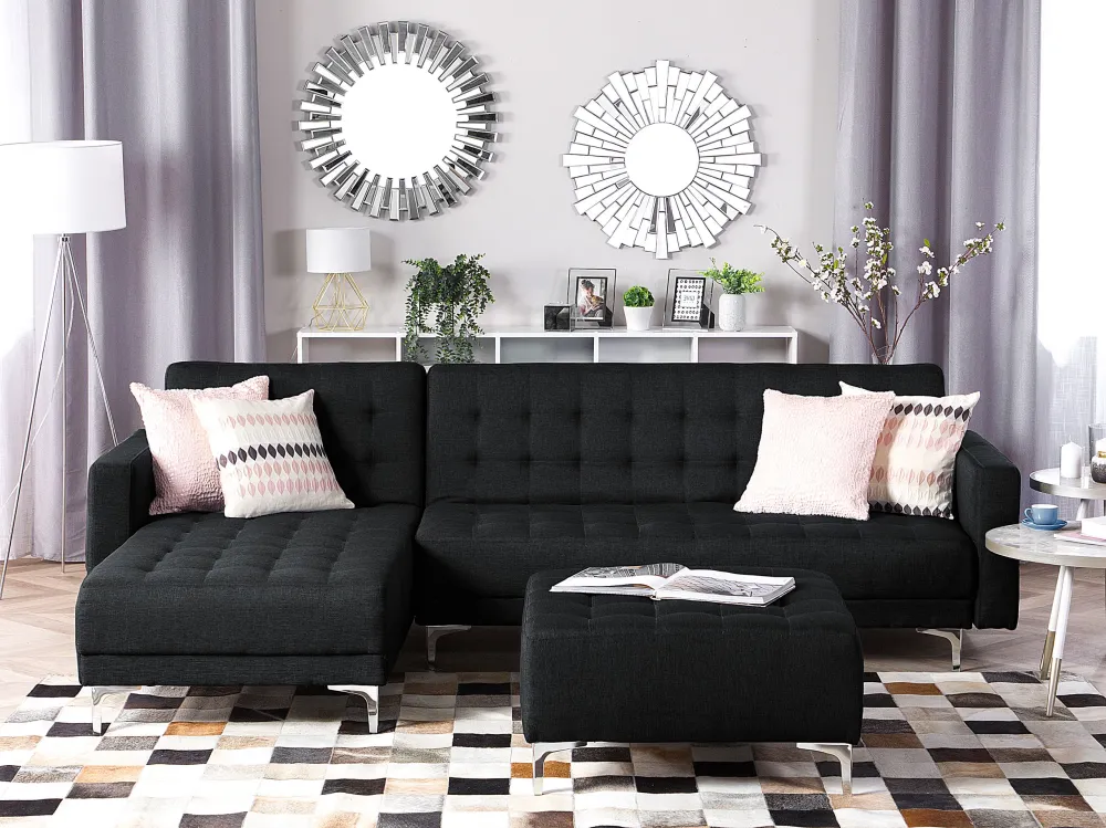 Divano letto angolare con ottomano tessuto grigio grafite destro ABERDEEN
