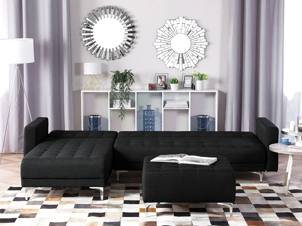 Divano letto angolare con ottomano tessuto grigio grafite destro ABERDEEN