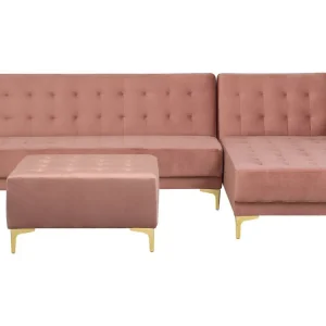 Divano letto angolare tessuto rosa versione sinistra con ottomana ABERDEEN