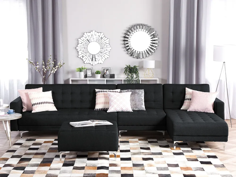 Divano letto angolare XXL con ottomano tessuto grigio grafite sinistro ABERDEEN