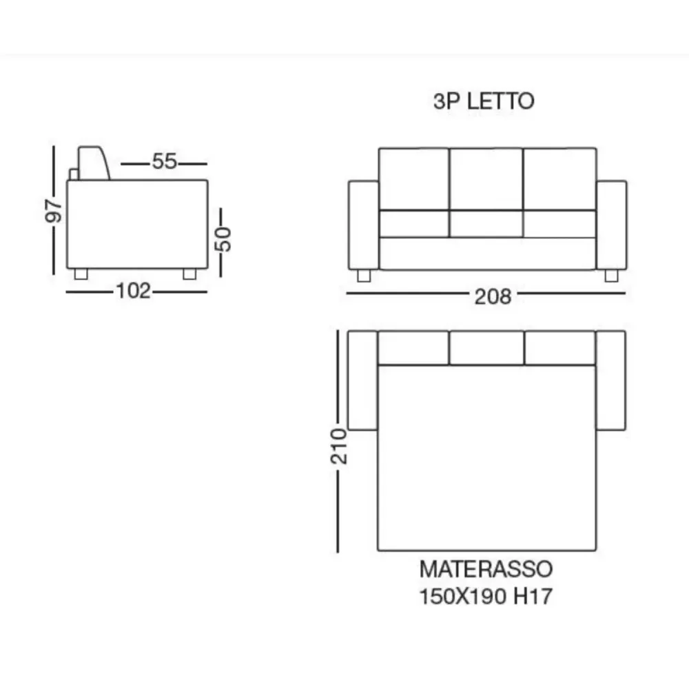 Divano letto 3 posti matrimoniale "Turchese" tessuto idrorepellente e antimacchia cm 208x102 97h