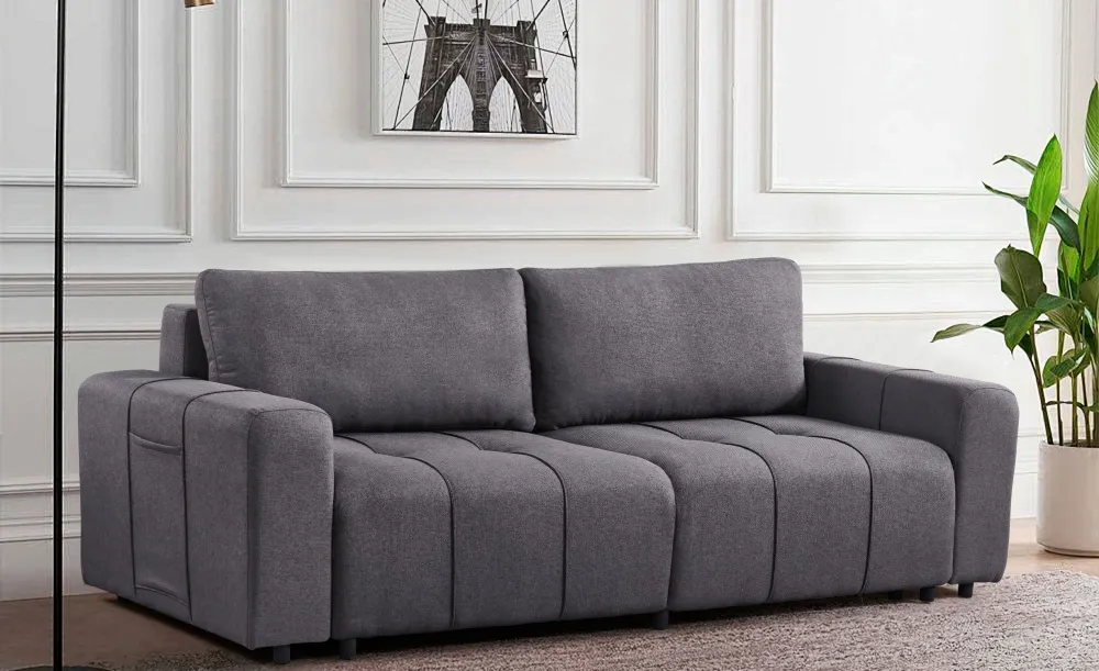 Divano letto 3 posti Tessuto effetto lino Cloudy Grigio tenebroso