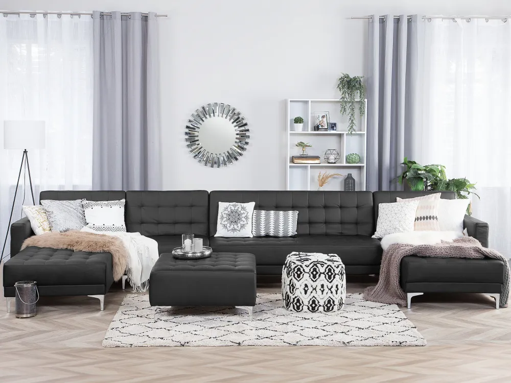 Divano letto XXL forma di U pelle sintetica nera ABERDEEN